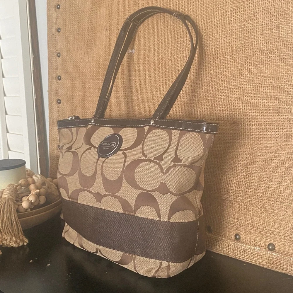 Coach Legacy Stripe Signature Tan and Brown Shoulder Bag